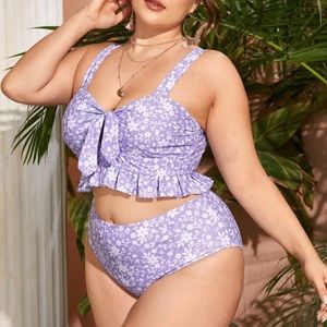 Plus Floral Knot Front Ruffle Bikini Swimsuit